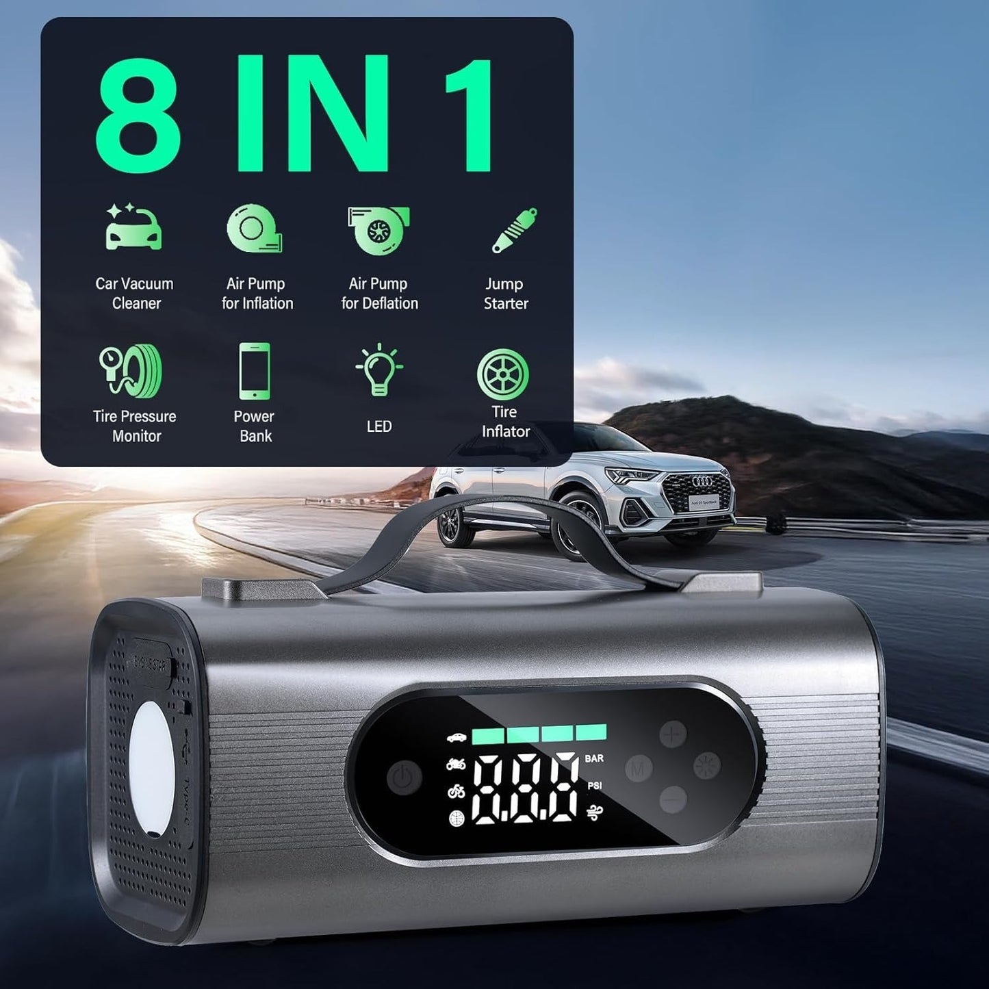 Newest 8 In 1 Portable Car Battery Starter With Air Compressor