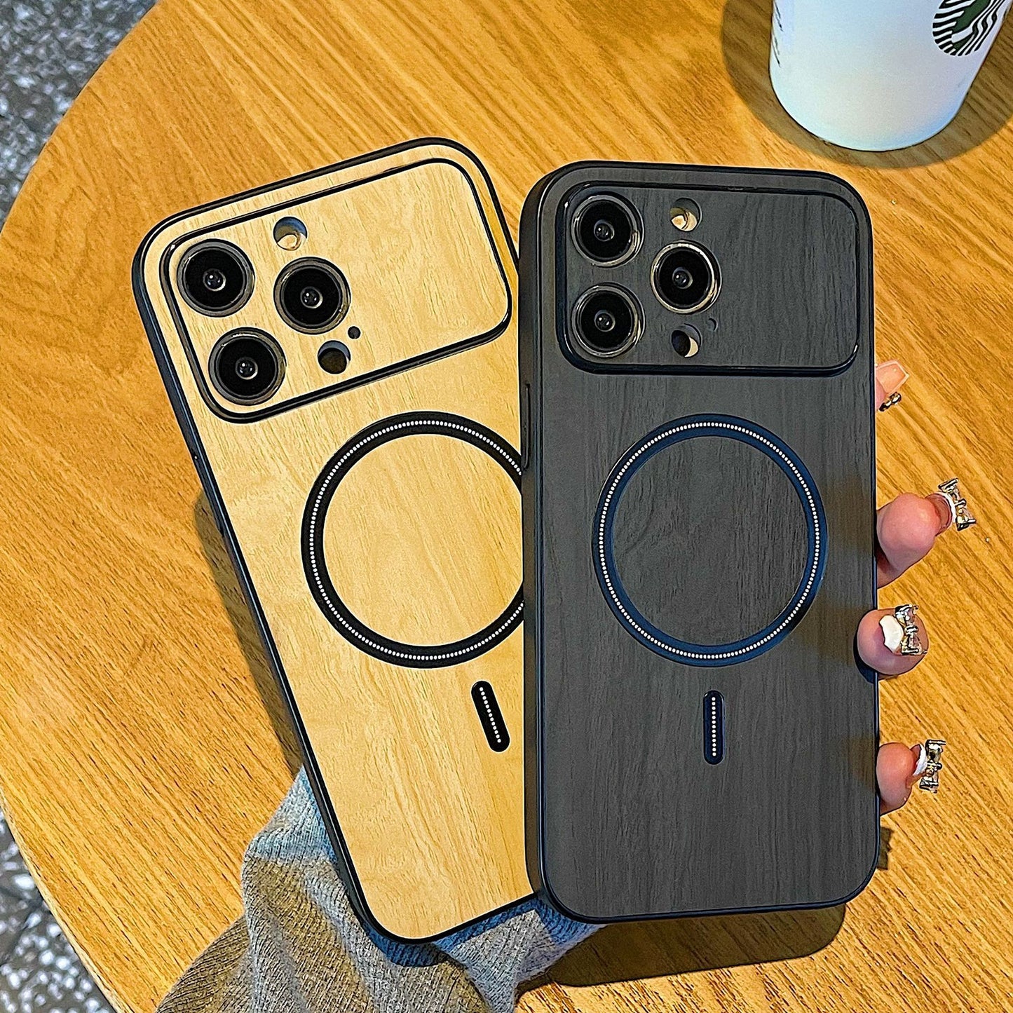Wood Grain Magnetic Large Window All-inclusive Fine Hole Phone Case