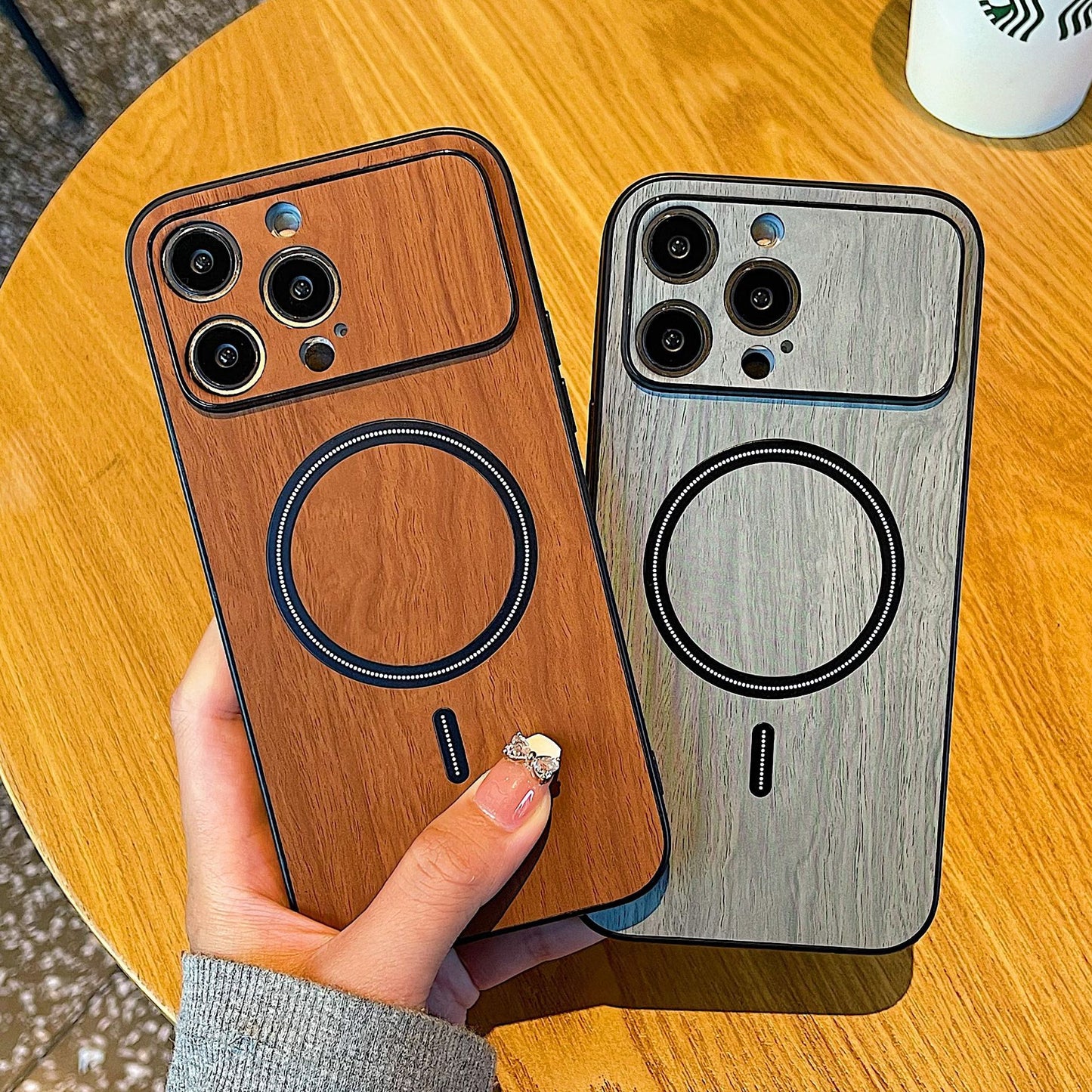 Wood Grain Magnetic Large Window All-inclusive Fine Hole Phone Case