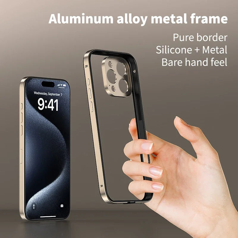 Camera Protection + Hybrid Silicone Frame Aluminum Phone Case For iPhone