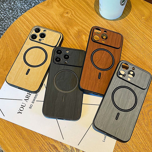 Wood Grain Magnetic Large Window All-inclusive Fine Hole Phone Case