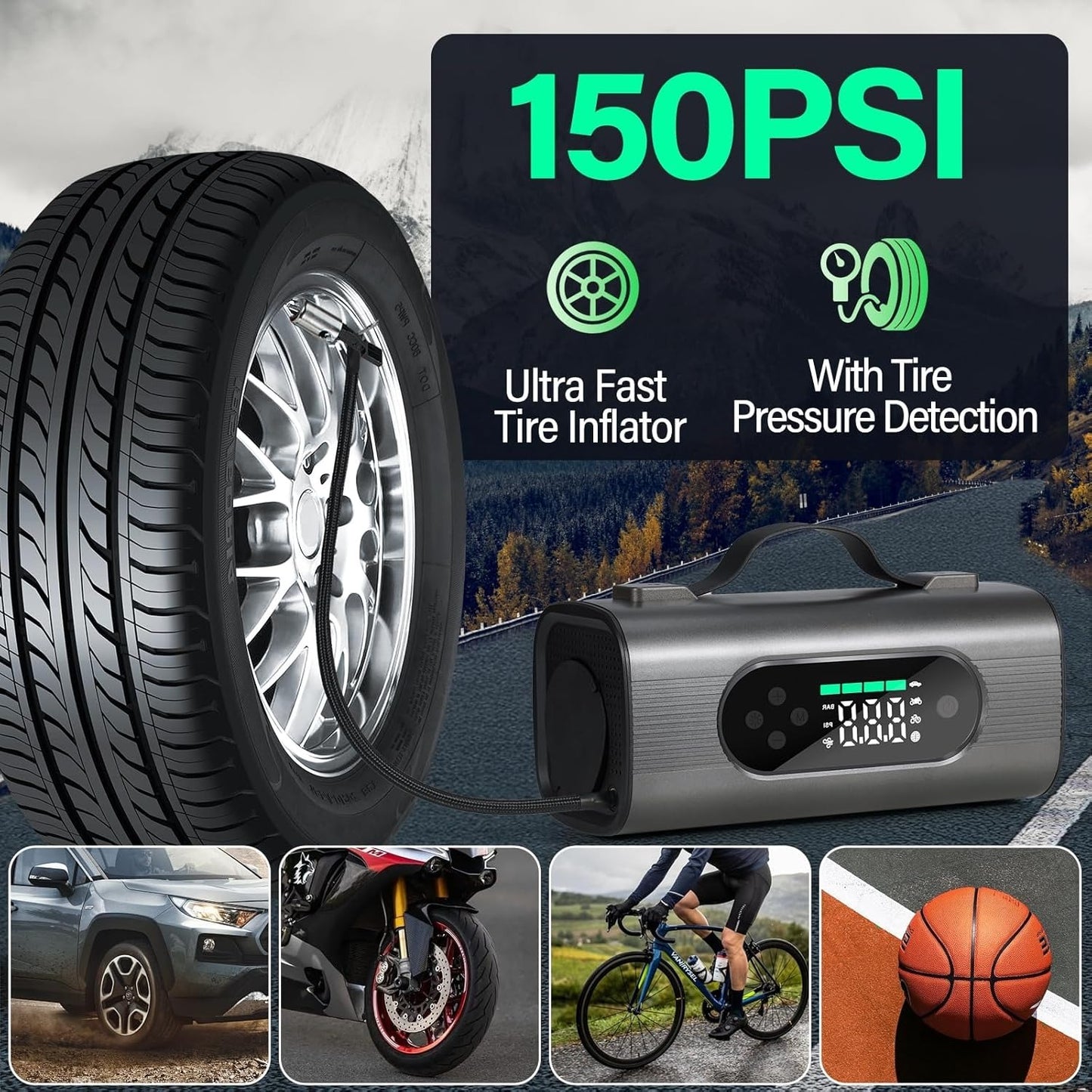 Newest 8 In 1 Portable Car Battery Starter With Air Compressor