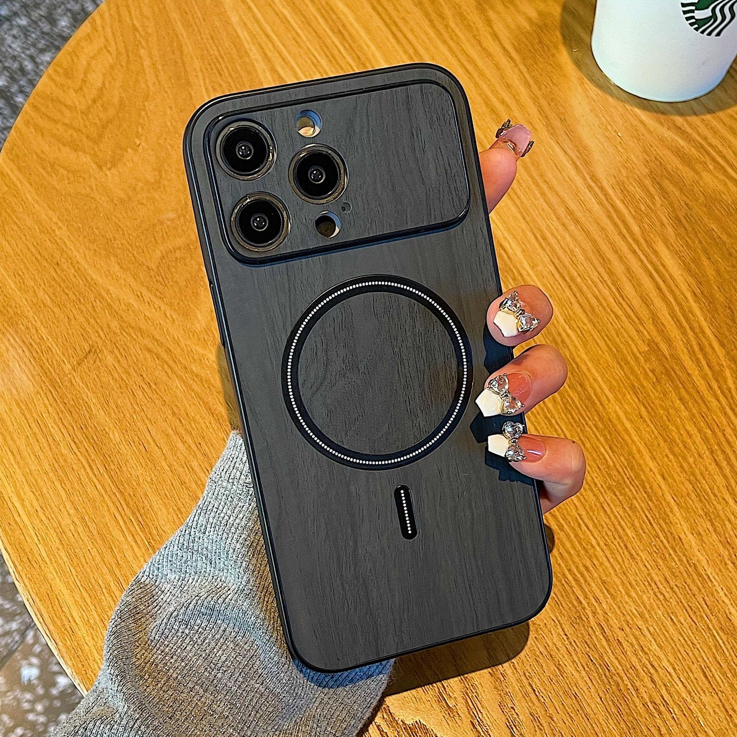 Wood Grain Magnetic Large Window All-inclusive Fine Hole Phone Case