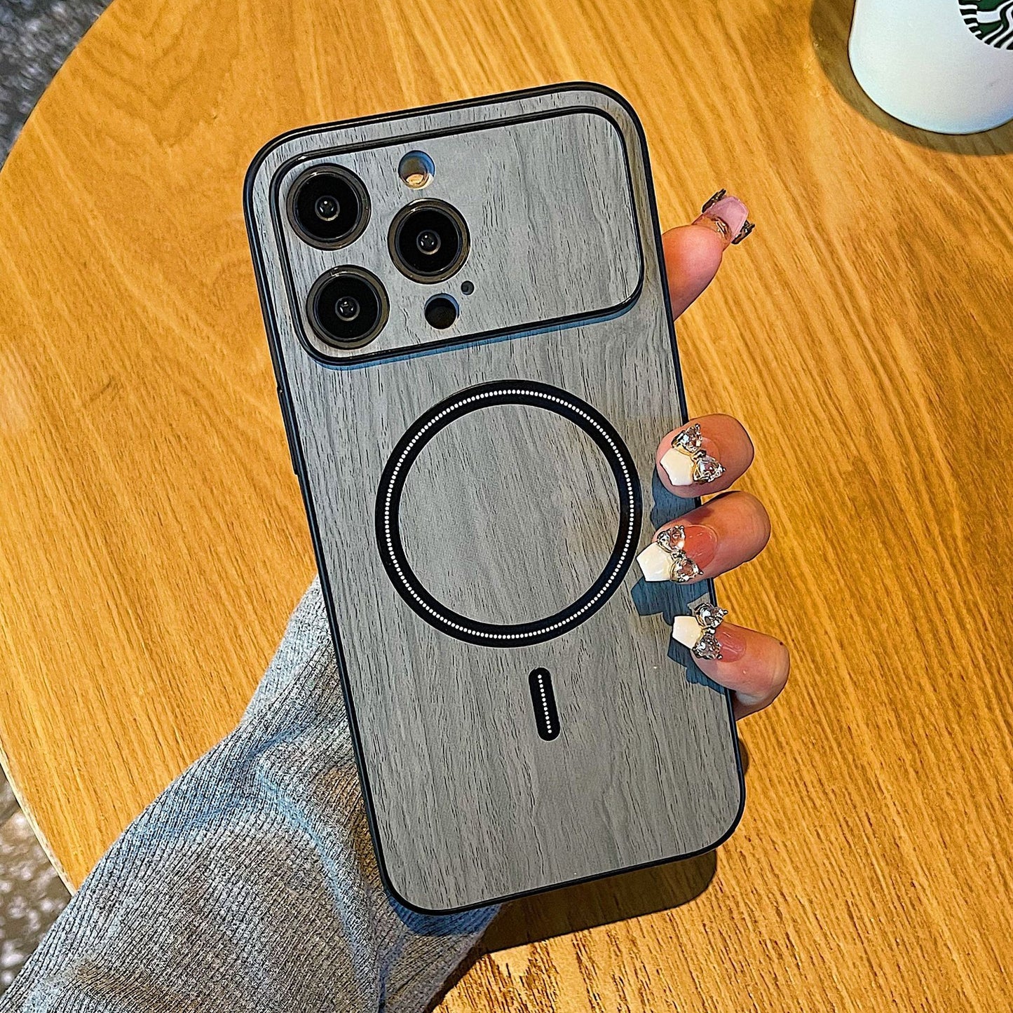 Wood Grain Magnetic Large Window All-inclusive Fine Hole Phone Case