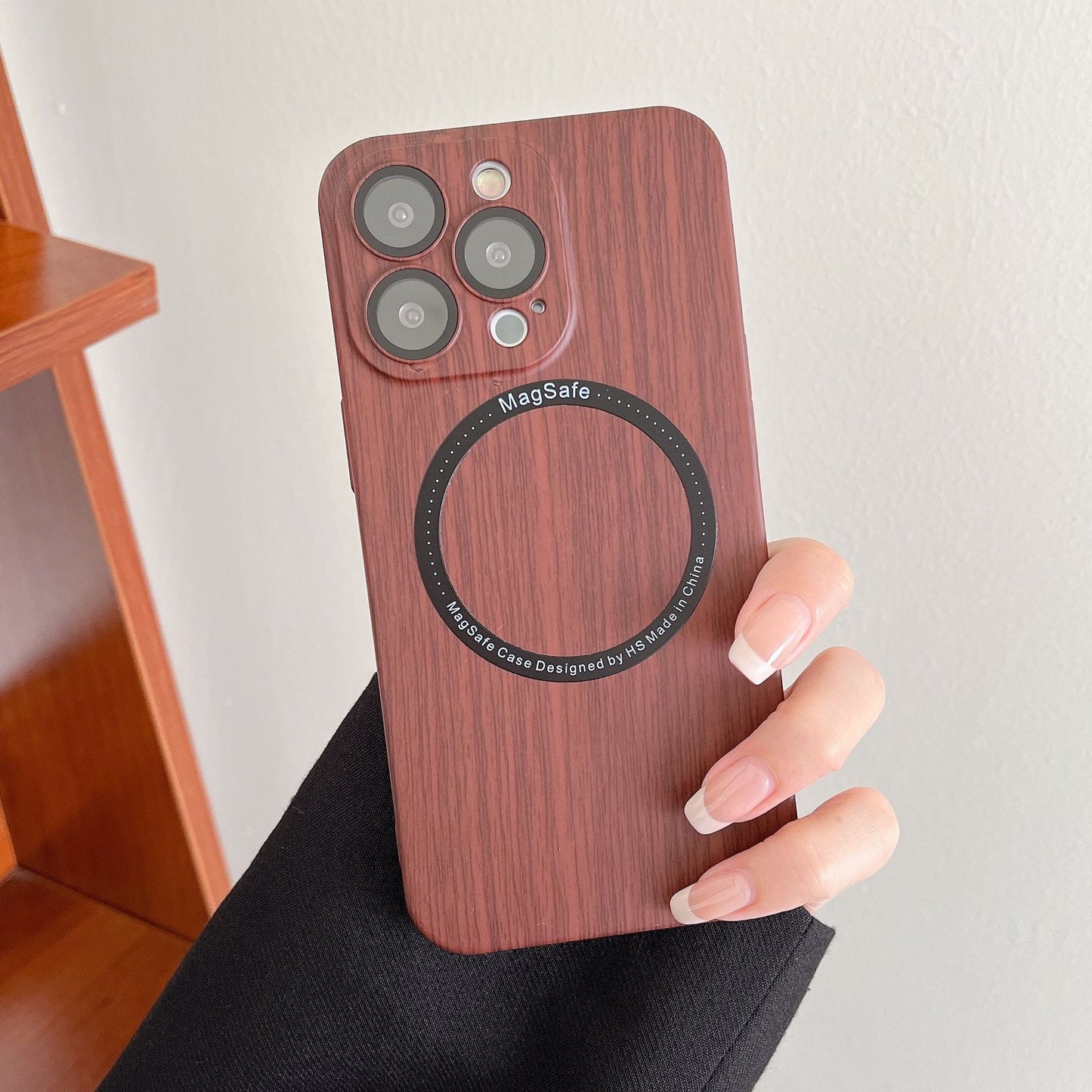 Lens Film Anti-fall Wood Grain Magnetic Wireless Phone Case