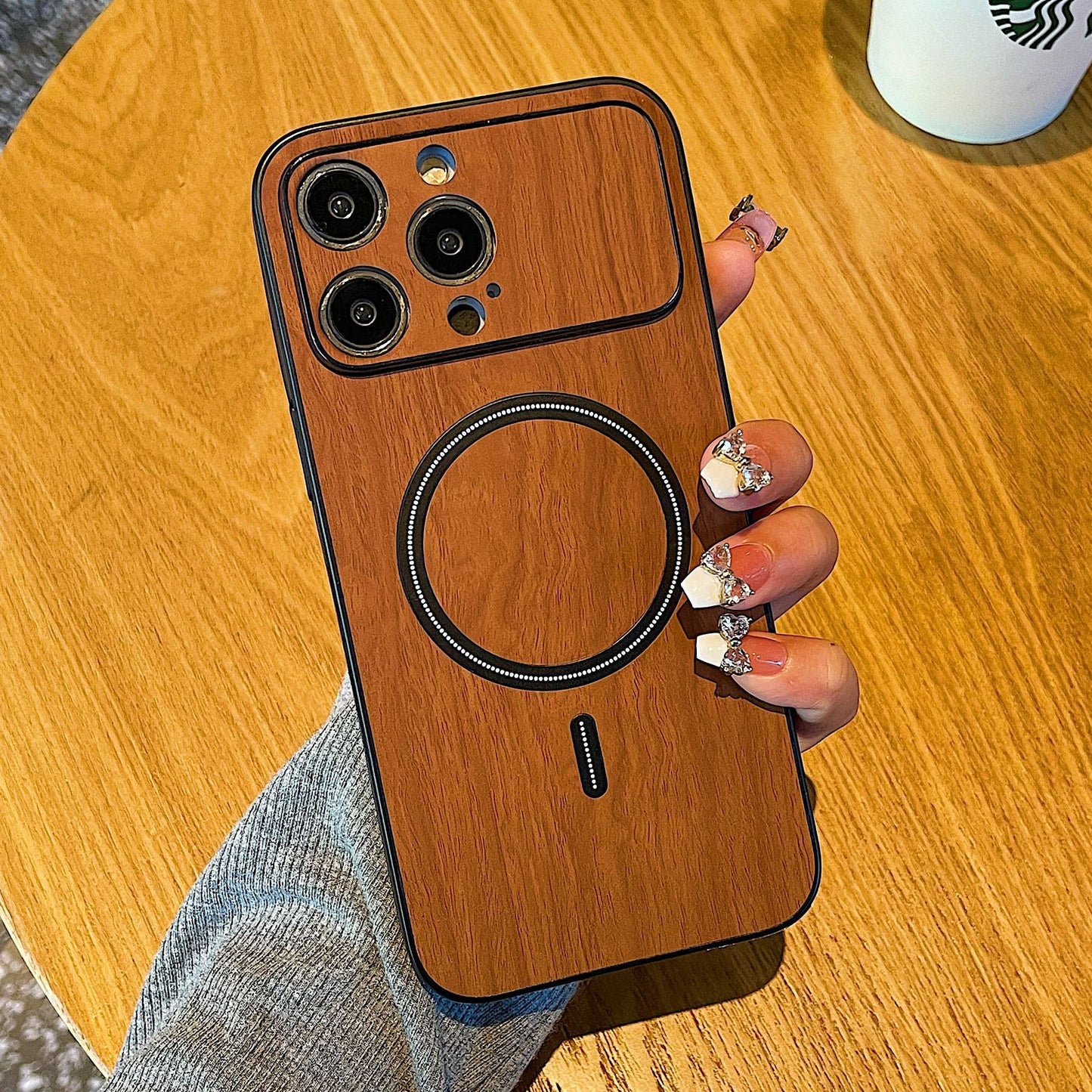 Wood Grain Magnetic Large Window All-inclusive Fine Hole Phone Case