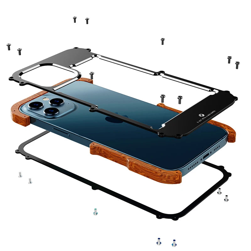 Aluminum Bumper Metal & Wood Shockproof Phone Case For iPhone 15 Pro Max