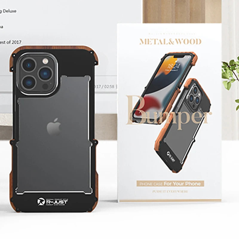 Aluminum Bumper Metal & Wood Shockproof Phone Case For iPhone 15 Pro Max