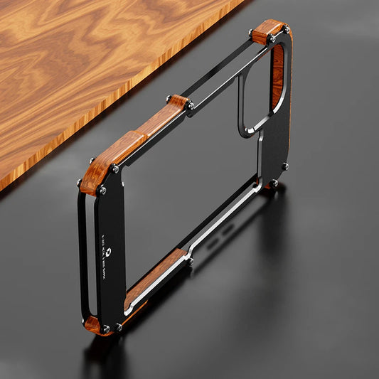 Aluminum Bumper Metal & Wood Shockproof Phone Case For iPhone 15 Pro Max