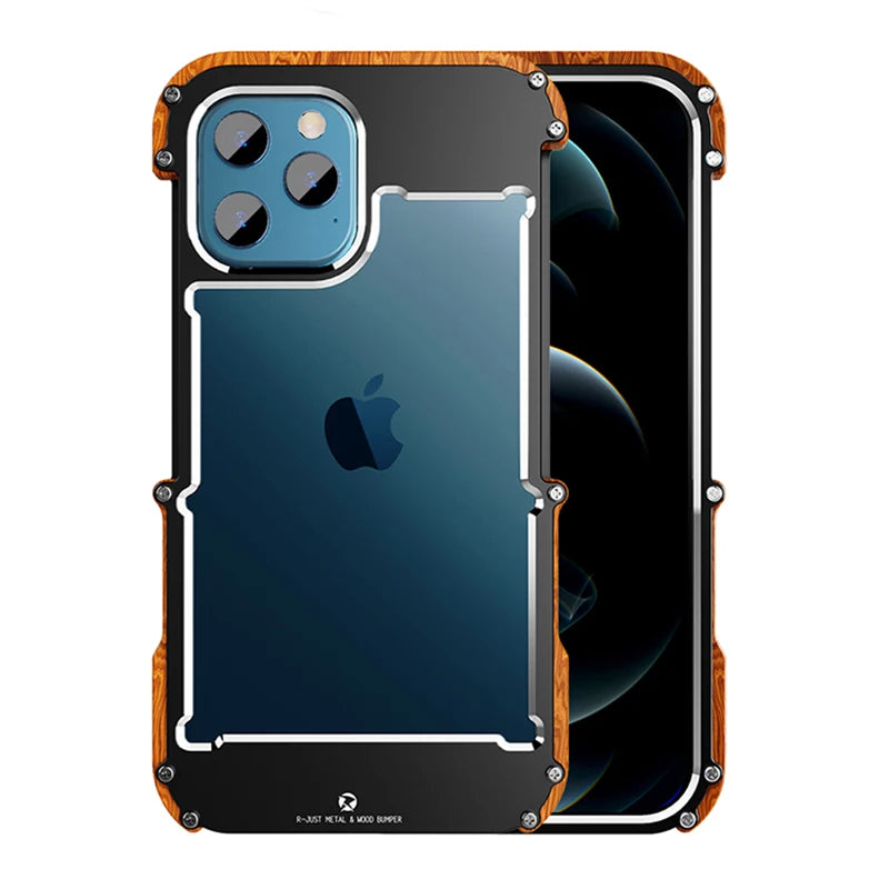 Aluminum Bumper Metal & Wood Shockproof Phone Case For iPhone 15 Pro Max