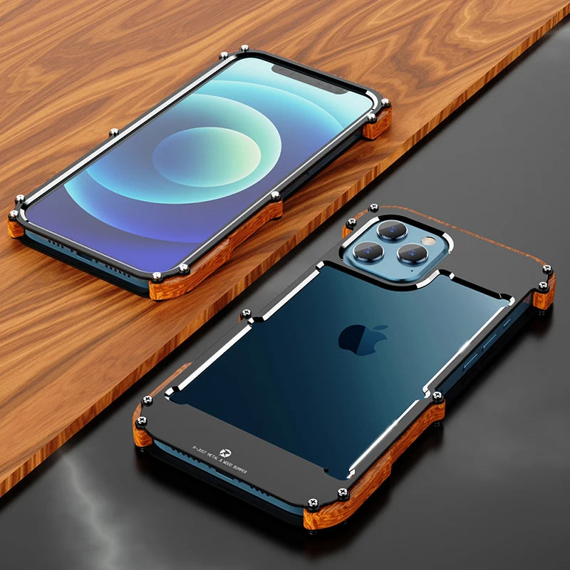 Aluminum Bumper Metal & Wood Shockproof Phone Case For iPhone 15 Pro Max