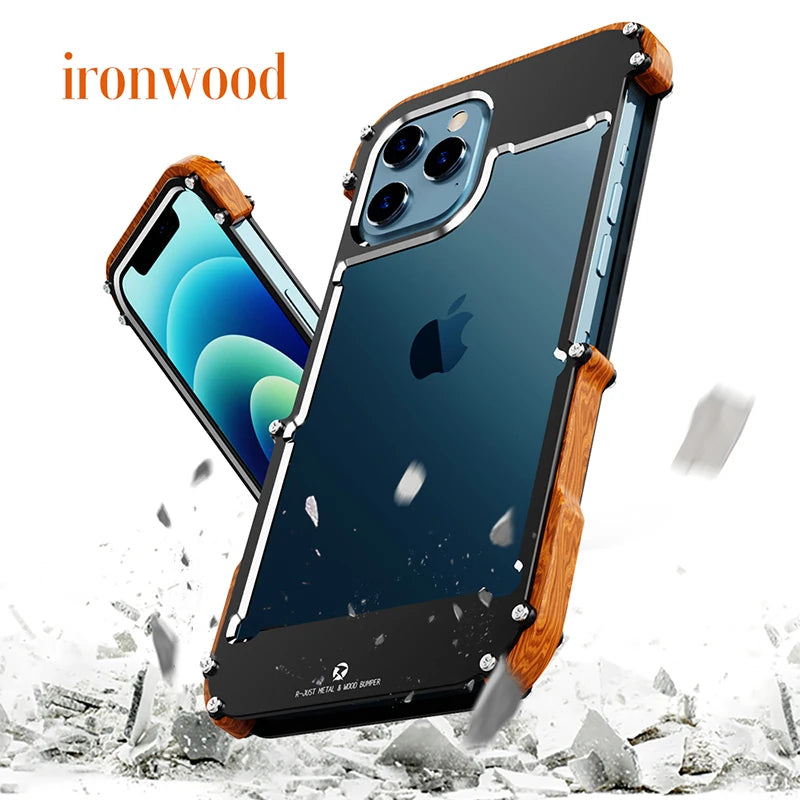 Aluminum Bumper Metal & Wood Shockproof Phone Case For iPhone 15 Pro Max