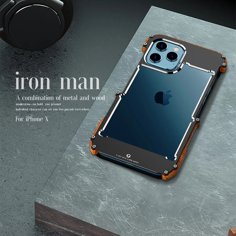 Aluminum Bumper Metal & Wood Shockproof Phone Case For iPhone 15 Pro Max