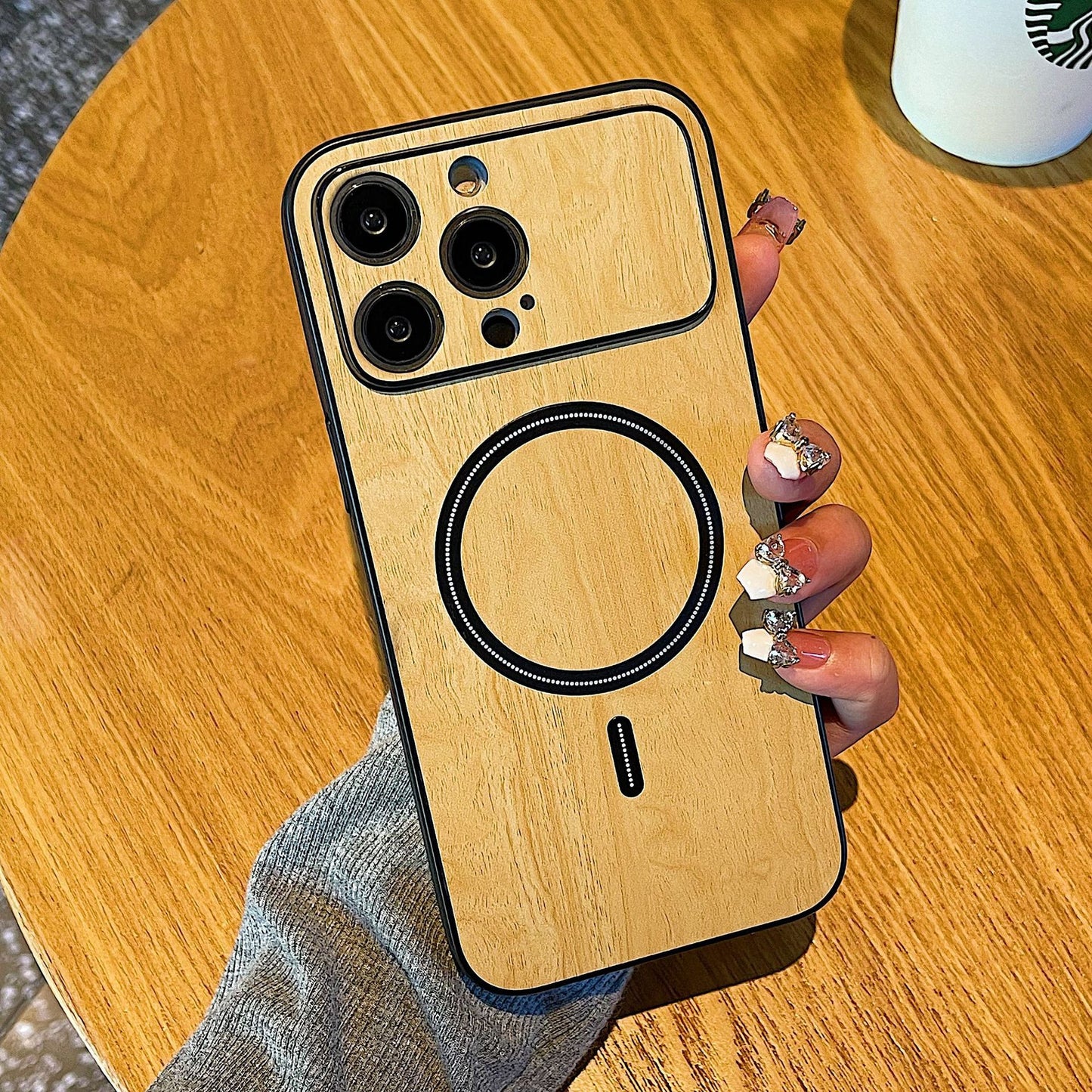 Wood Grain Magnetic Large Window All-inclusive Fine Hole Phone Case