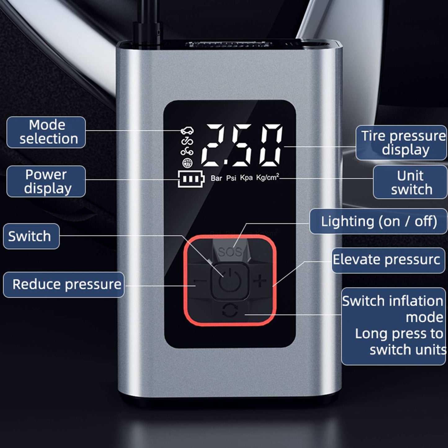 9-Function Digital Portable Tire Inflator , Air Compressor With LED Display